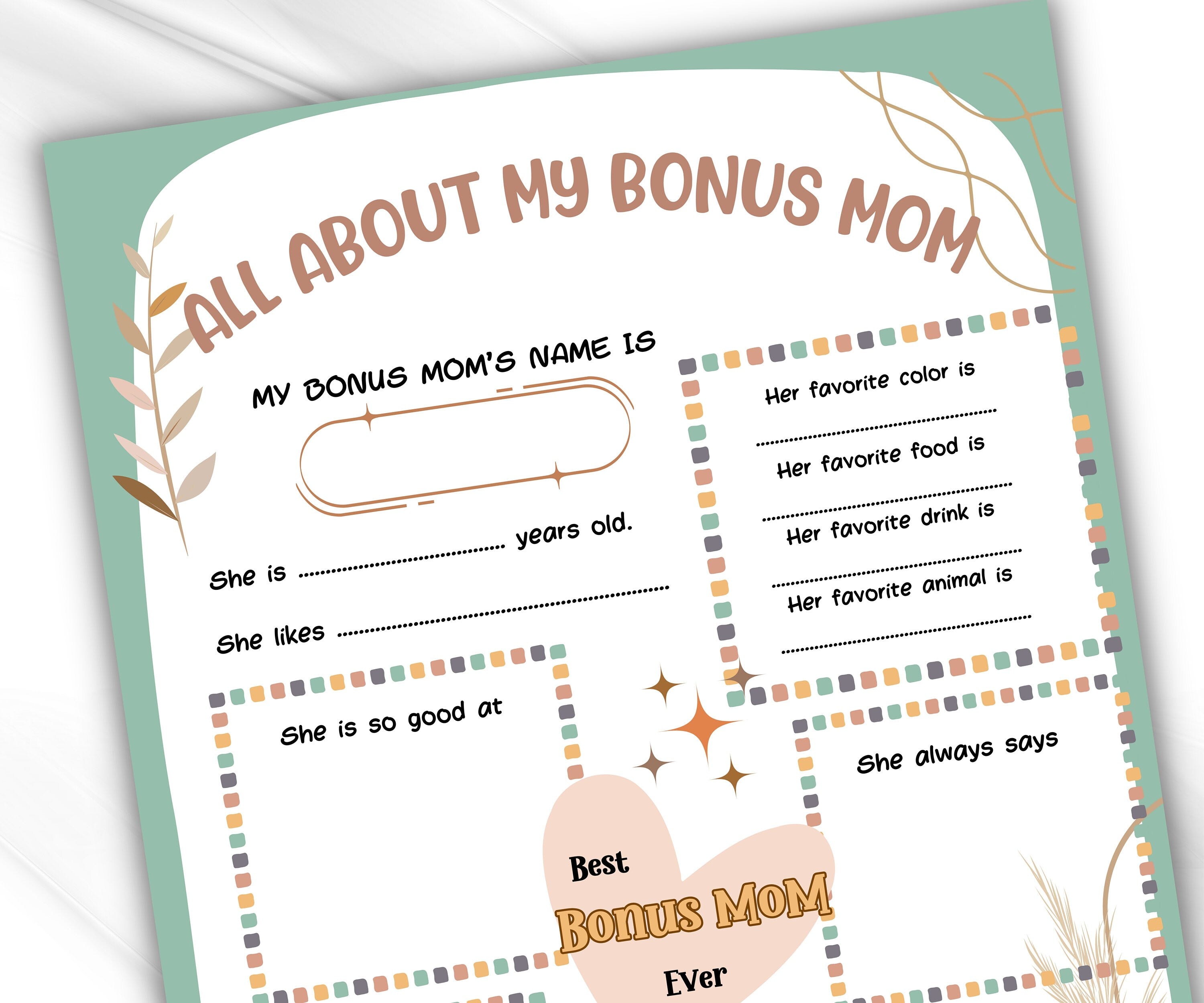 Aunt Gift from kids I Mothers Day Printable | All About my Bonus Mom Aunt | All About Bonus Mom I Aunt Birthday | Personalized Gift for Aunt