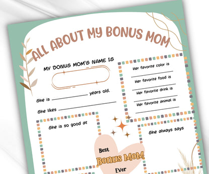 Aunt Gift from kids I Mothers Day Printable | All About my Bonus Mom Aunt | All About Bonus Mom I Aunt Birthday | Personalized Gift for Aunt