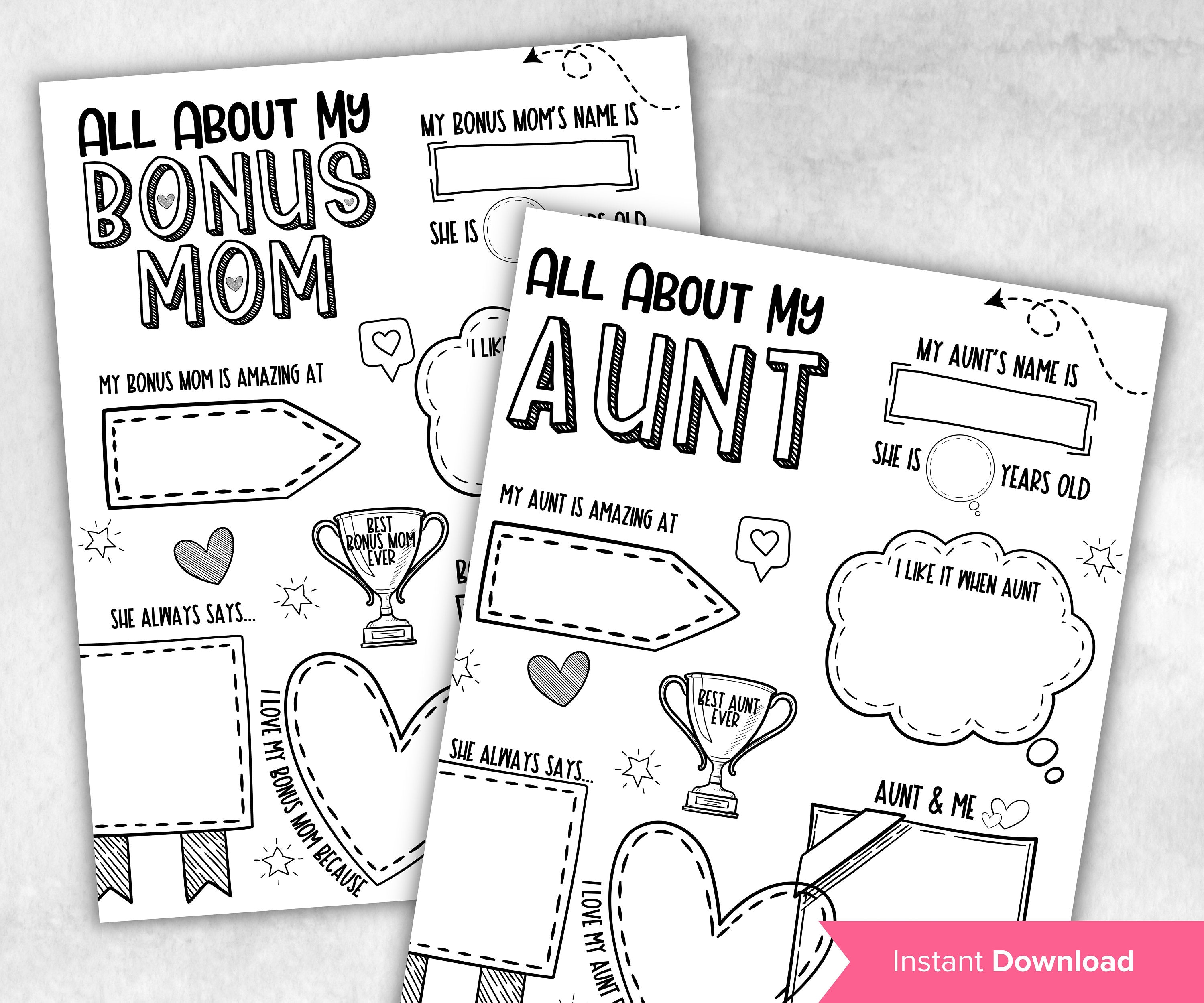 Gift from kids for Aunt I Mother Day Printable | All About my Bonus Mom I About My Bonus Mom Printable | Personalized Gift for Aunt