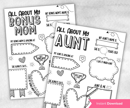 Gift from kids for Aunt I Mother Day Printable | All About my Bonus Mom I About My Bonus Mom Printable | Personalized Gift for Aunt