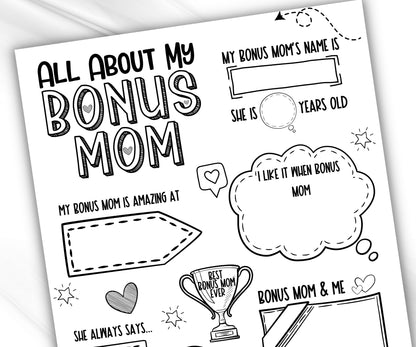 Gift from kids for Aunt I Mother Day Printable | All About my Bonus Mom I About My Bonus Mom Printable | Personalized Gift for Aunt