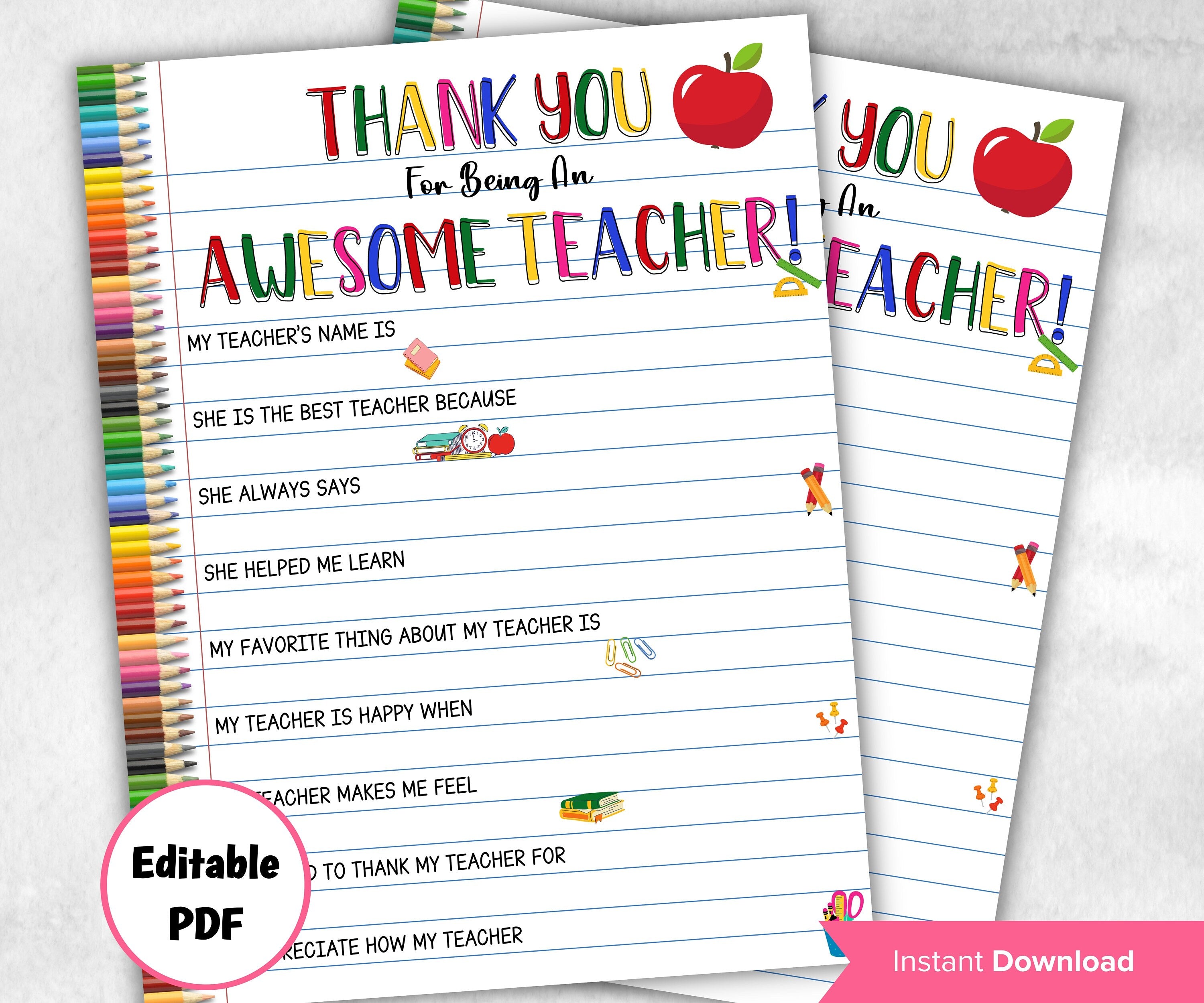 Editable All About My Teacher | Teacher Appreciation Gift | End Of Year Gift | Fill In The Blank | Homeschool Activity | Teacher Thank You