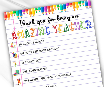 Fill In The Blank | Homeschool Activity | Teacher Thank You I Editable All About My Teacher | Teacher Appreciation Gift | End Of Year Gift