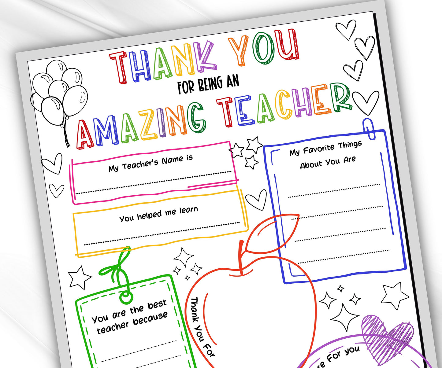 Printable Teacher Appreciation Week | Printable All About My Teacher Thank You Card | Teacher Appreciation Letter | End Of Year Gift