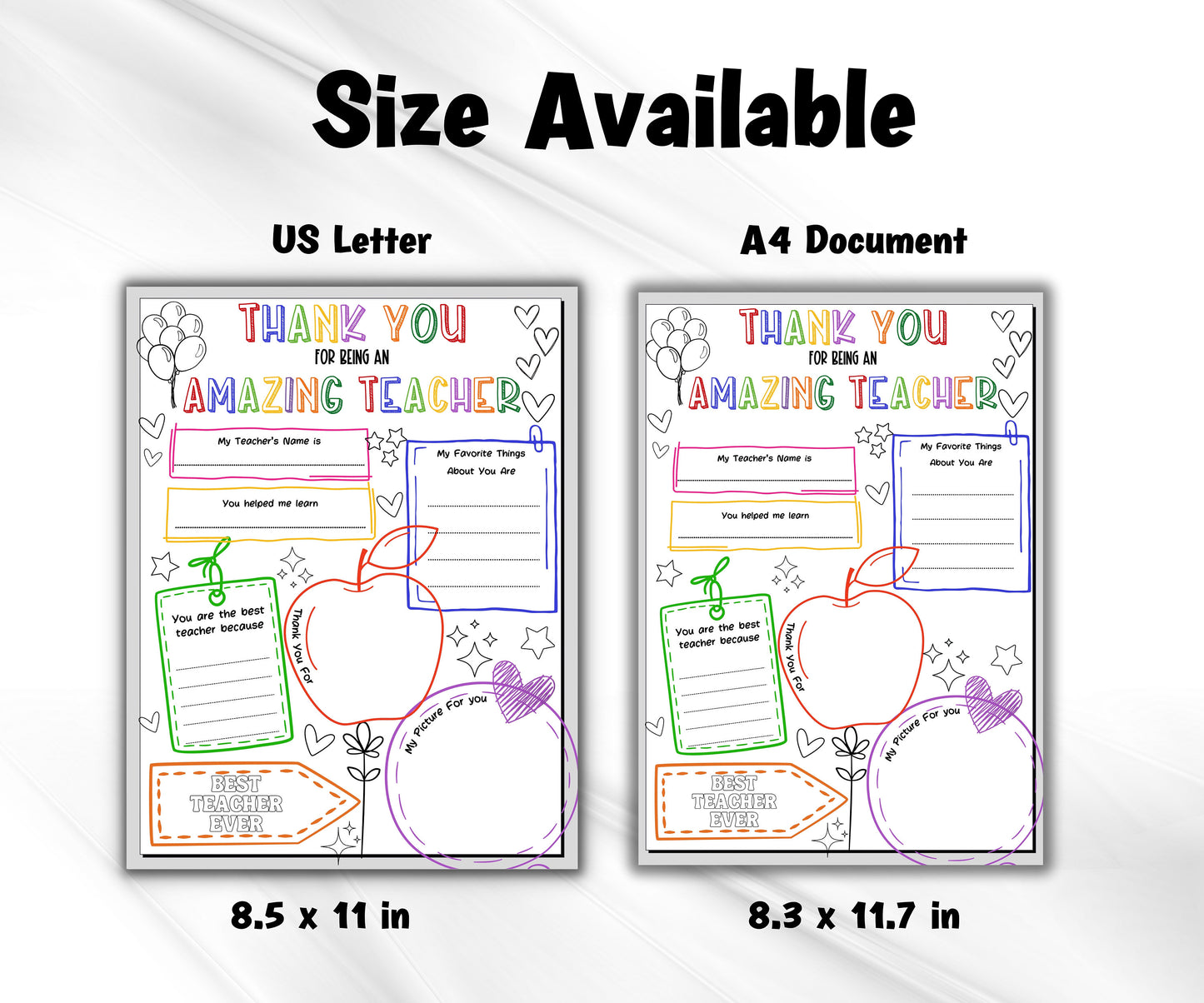 Printable Teacher Appreciation Week | Printable All About My Teacher Thank You Card | Teacher Appreciation Letter | End Of Year Gift