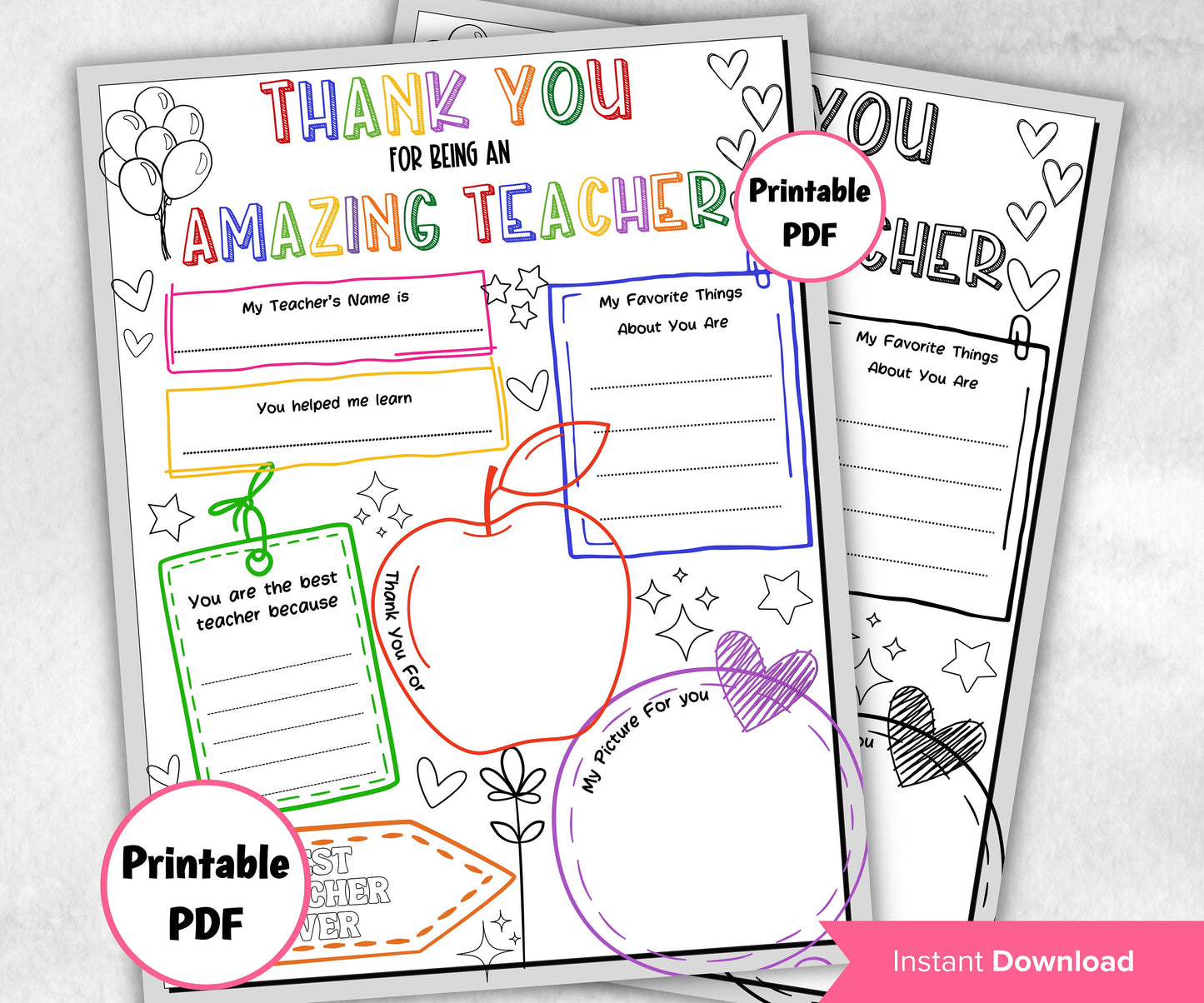 Printable Teacher Appreciation Week | Printable All About My Teacher Thank You Card | Teacher Appreciation Letter | End Of Year Gift