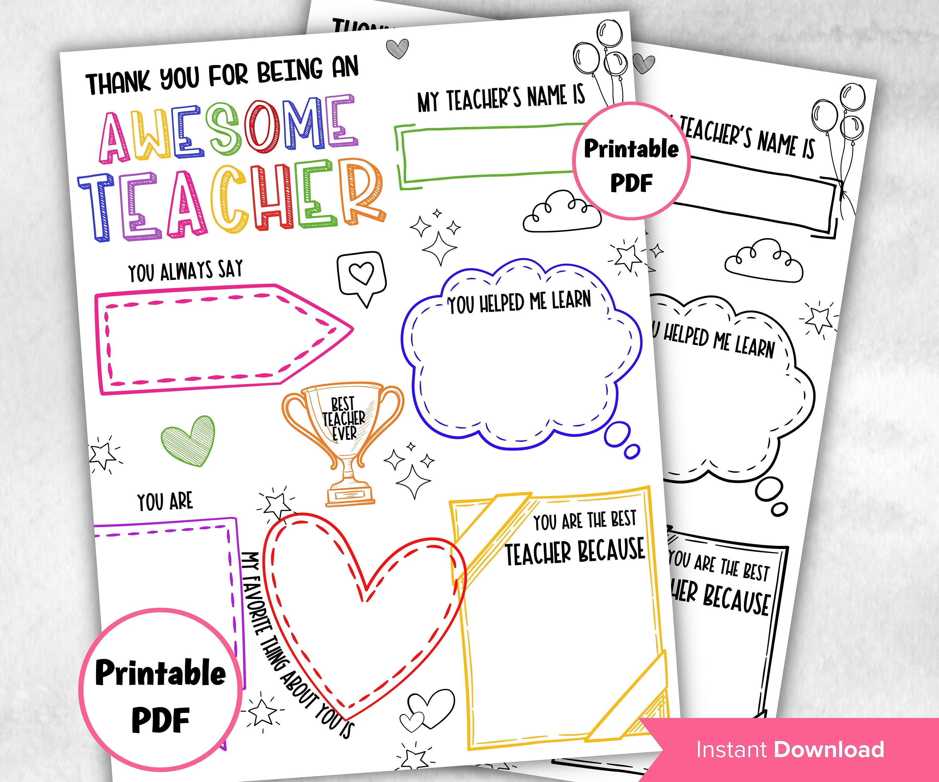 Teacher Appreciation Letter | End Of Year Gift I Printable Teacher Appreciation Week | Printable All About My Teacher Thank You Card |