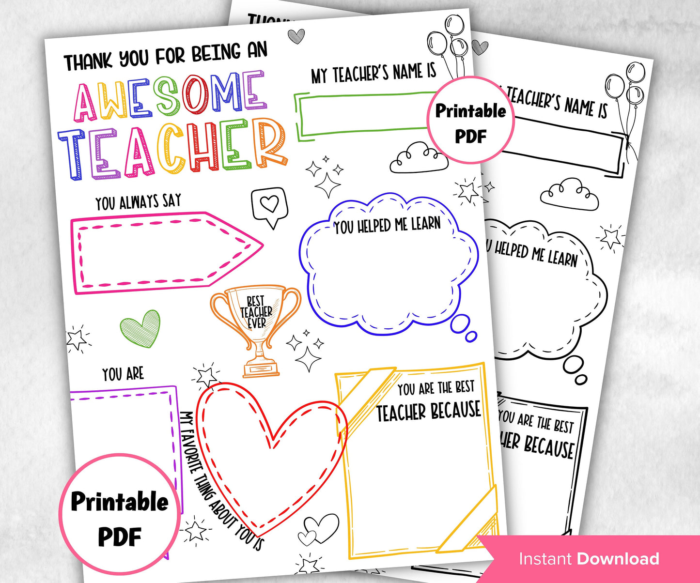 Teacher Appreciation Letter | End Of Year Gift I Printable Teacher Appreciation Week | Printable All About My Teacher Thank You Card |