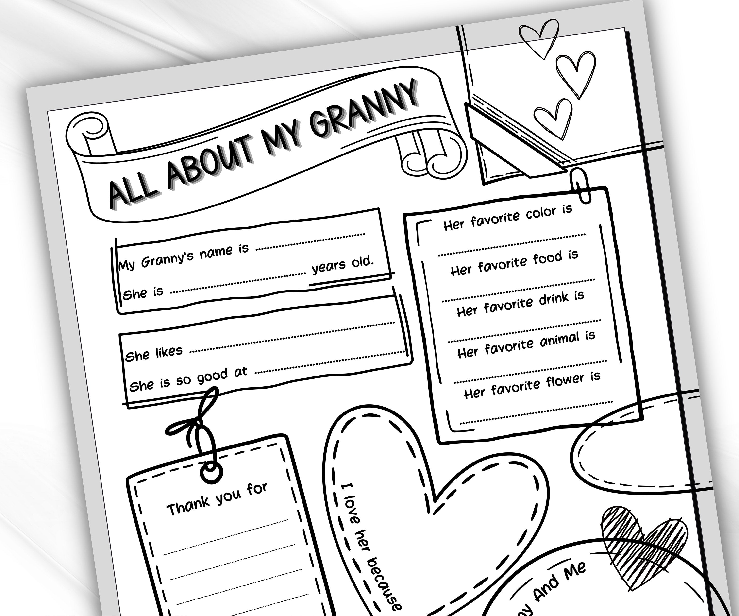 All about my Grandma I Mothers Day Printable Gift Mothers Day Questionnaire Preschool | All About My Granny Printable coloring page I Nana