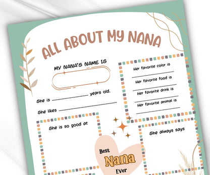 All about my Nana I Mothers Day Printable Gift Mothers Day Questionnaire Preschool | All About My Grandma Printable coloring page I Nana