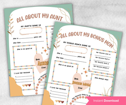 Aunt Gift from kids I Mothers Day Printable | All About my Bonus Mom Aunt | All About Bonus Mom I Aunt Birthday | Personalized Gift for Aunt