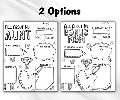 Gift from kids for Aunt I Mother Day Printable | All About my Bonus Mom I About My Bonus Mom Printable | Personalized Gift for Aunt