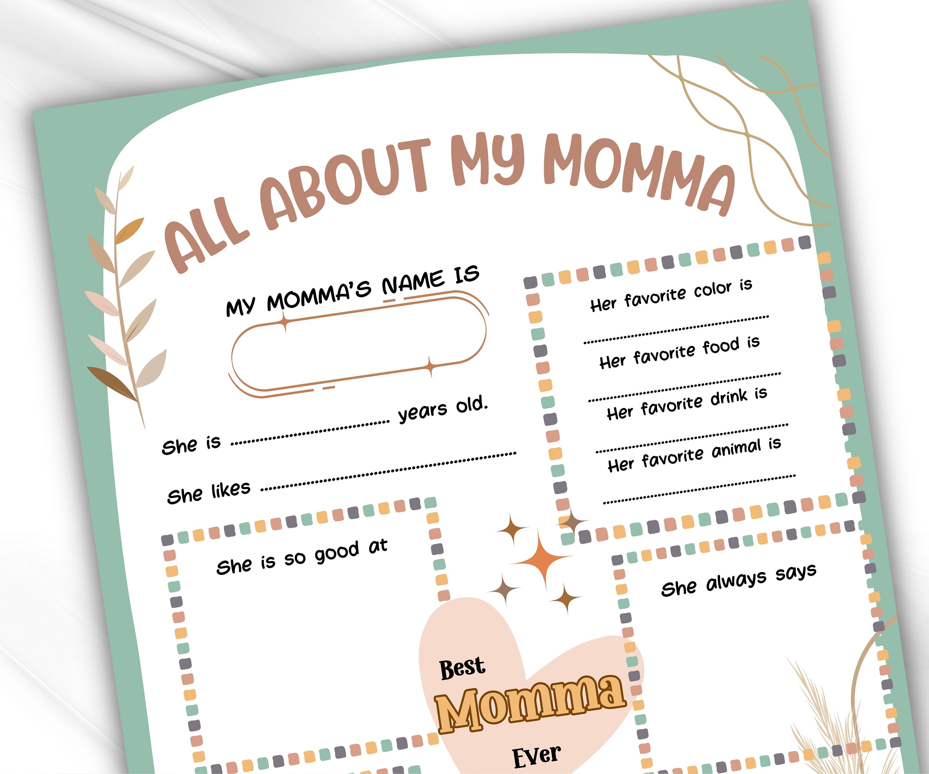 Gift from kids for Mommy I Mother Day Printable | All About my Mum I All About My Momma Printable | About Mimi | Personalized Gift for mom