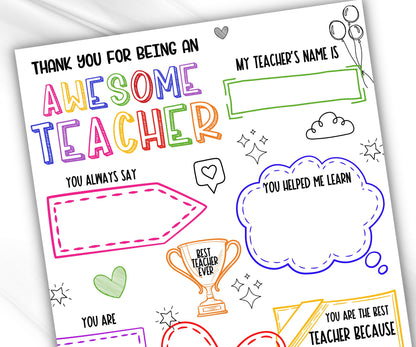 Teacher Appreciation Letter | End Of Year Gift I Printable Teacher Appreciation Week | Printable All About My Teacher Thank You Card |