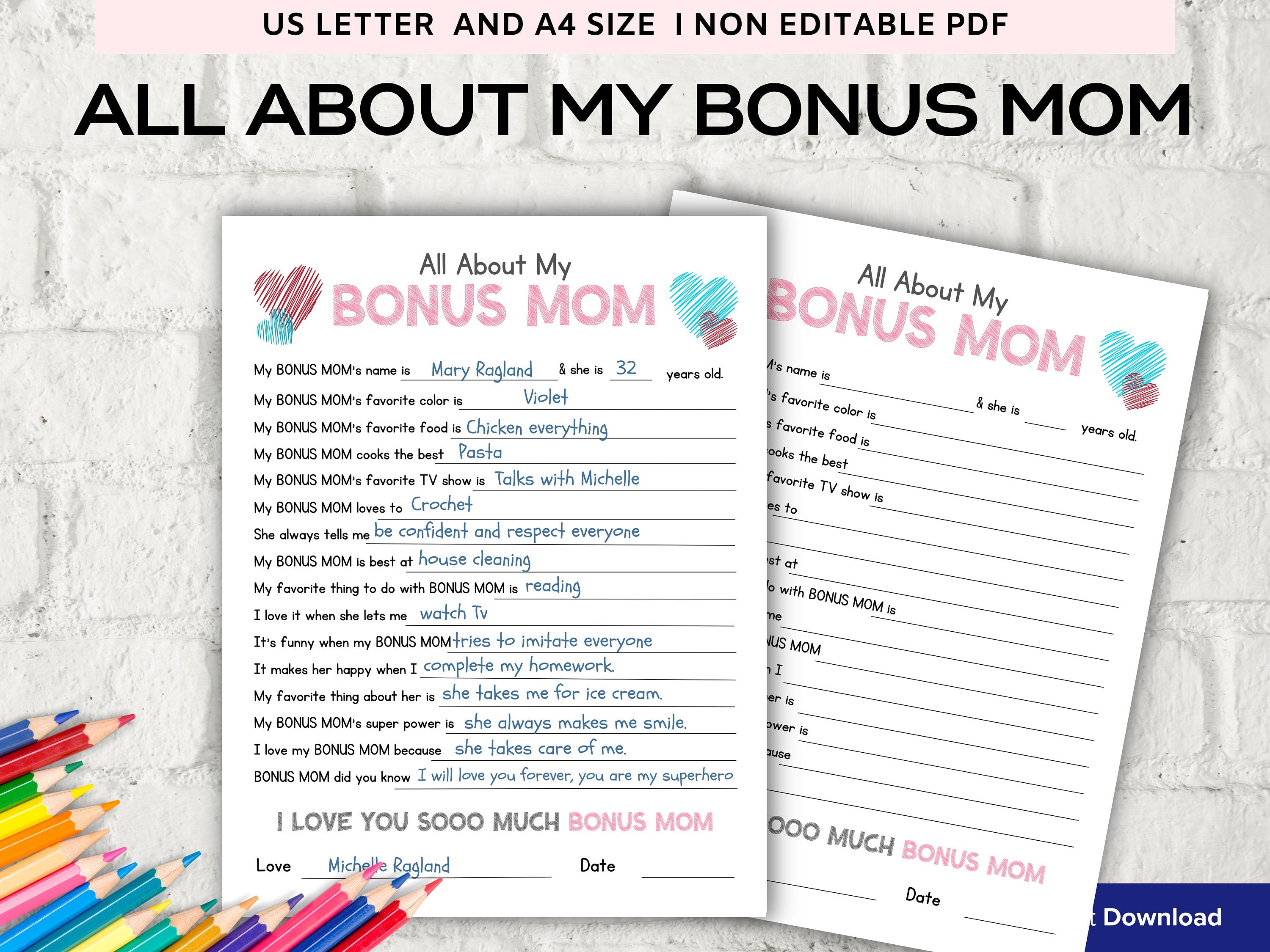 All About my Bonus Mom I Bonus Mom Interview I Mother Day Printable I All About My Aunt Printable | Personalised Mother'S Day Bonus mom Gift