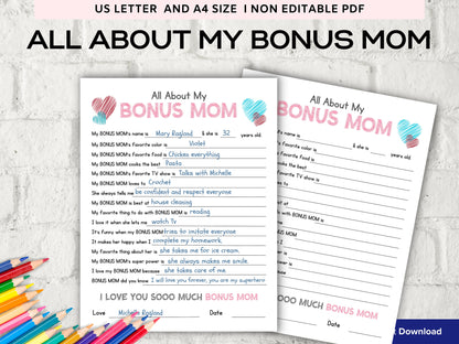 All About my Bonus Mom I Bonus Mom Interview I Mother Day Printable I All About My Aunt Printable | Personalised Mother'S Day Bonus mom Gift