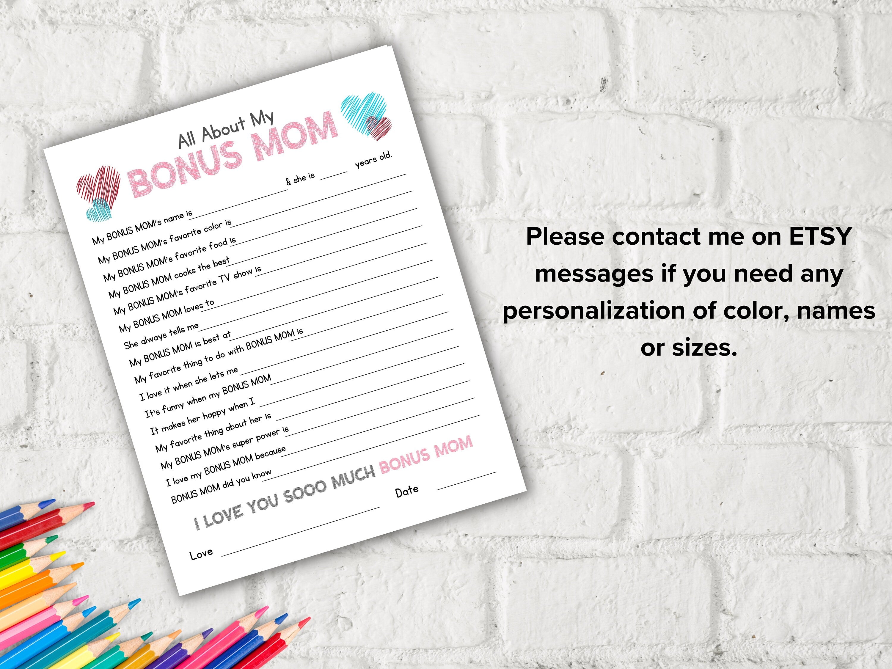 All About my Bonus Mom I Bonus Mom Interview I Mother Day Printable I All About My Aunt Printable | Personalised Mother'S Day Bonus mom Gift