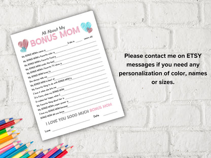 All About my Bonus Mom I Bonus Mom Interview I Mother Day Printable I All About My Aunt Printable | Personalised Mother'S Day Bonus mom Gift