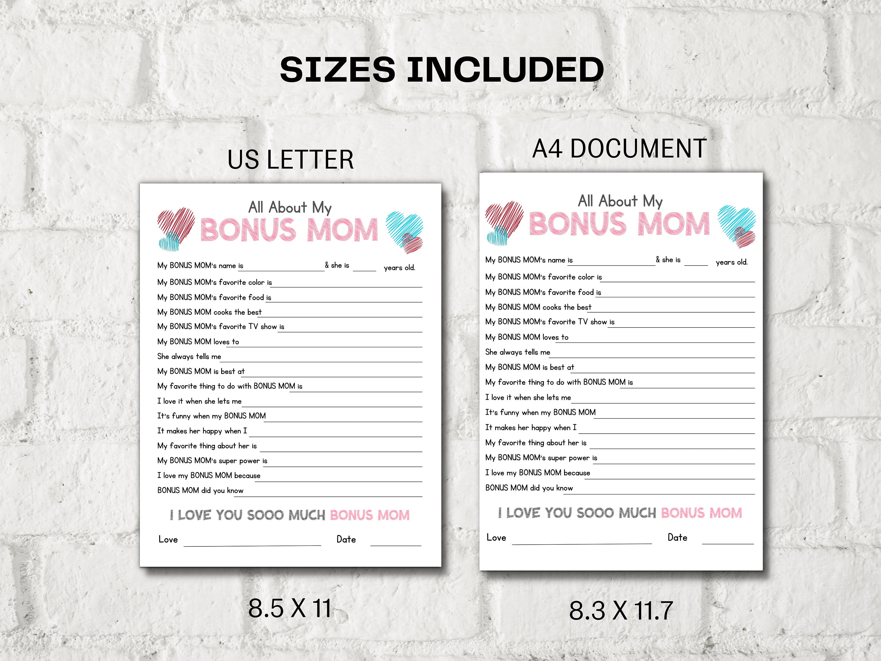 All About my Bonus Mom I Bonus Mom Interview I Mother Day Printable I All About My Aunt Printable | Personalised Mother'S Day Bonus mom Gift