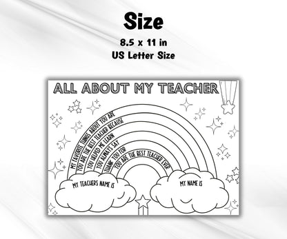 Teacher Thank you coloring page I Favorite Things Questionnaire I All About My Teacher I Homeschool Activity | Back To School Teacher Survey