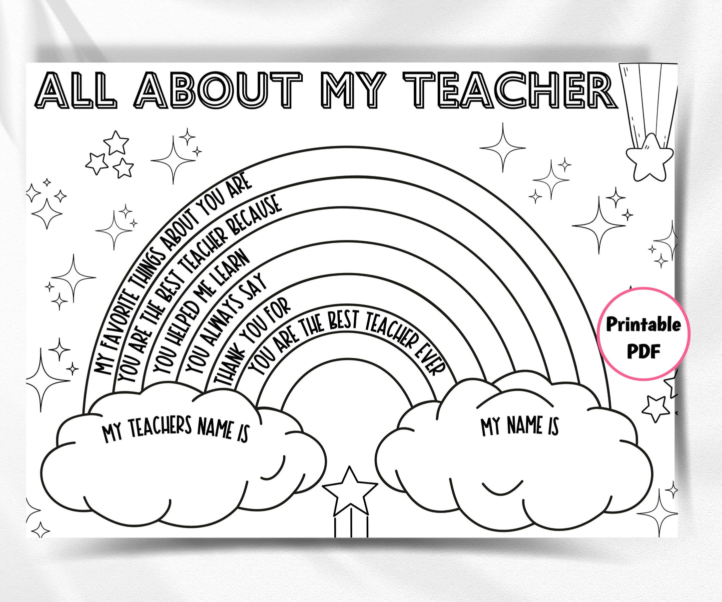 Teacher Thank you coloring page I Favorite Things Questionnaire I All About My Teacher I Homeschool Activity | Back To School Teacher Survey