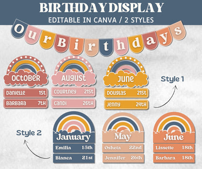 Classroom Display, Calendar, Birthday Display, Alphabet Posters, Schedule, Classroom Jobs, Boho Decor Themes, Homeschool Decor, Boho Rainbow