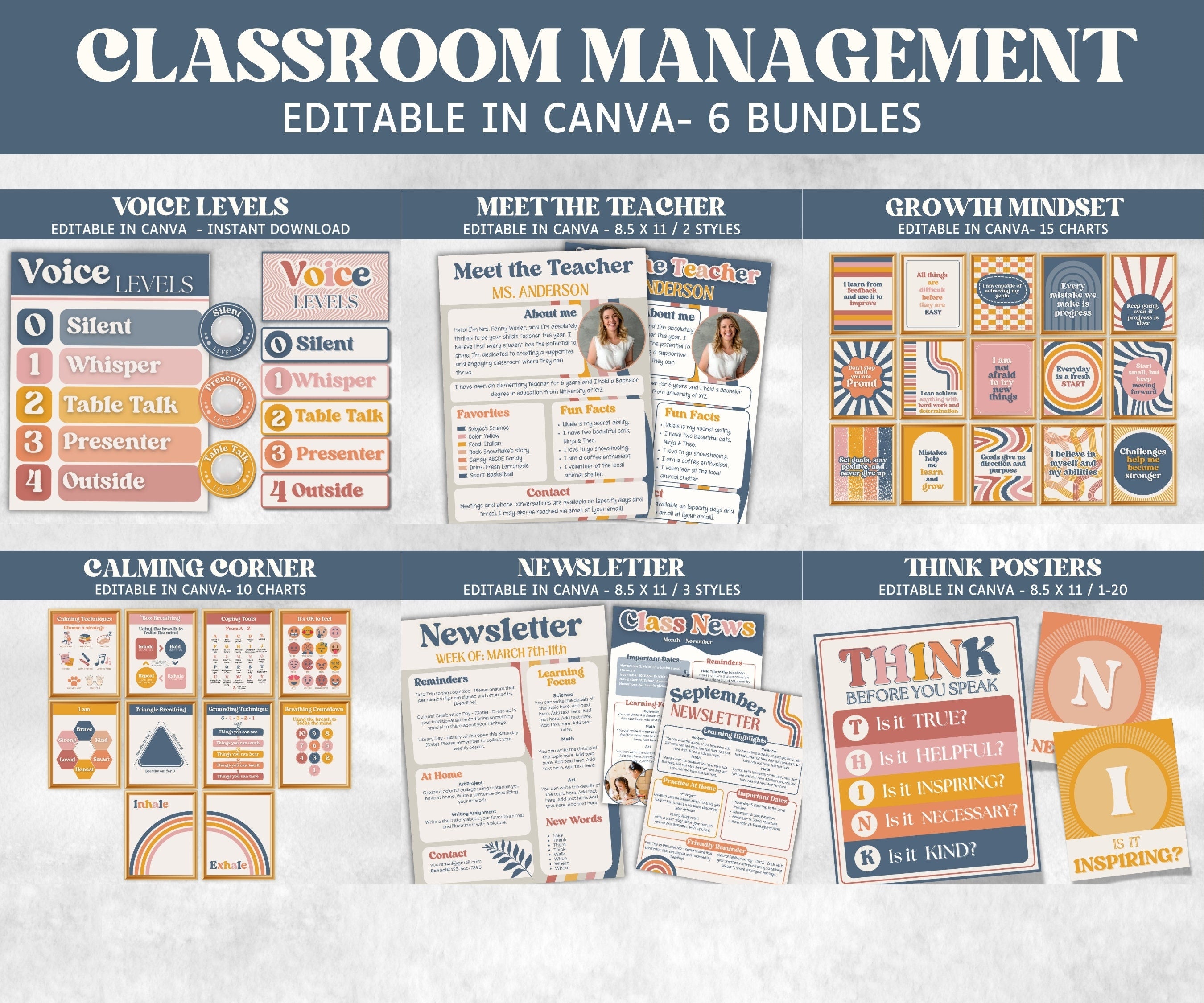 Classroom management bundle, Think Posters, Voice Levels, Meet the teacher, Growth Mindset, Calming Corner, Classroom Newsletter, Boho class