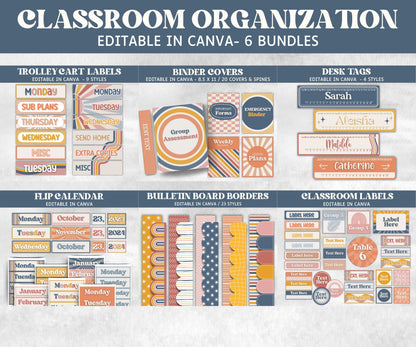 Classroom Organization Bundle, Flip Calendar, Desk Tags, Classroom Labels, Binder Covers, Trolley Cart Labels, Bulletin Board Borders, Boho