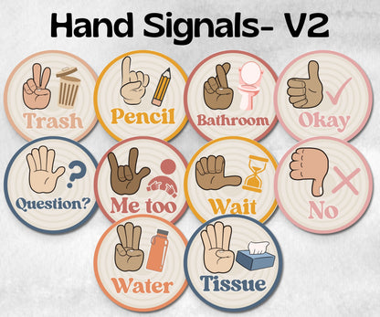 Hand Signals Display, Classroom Decor Posters, Hand Signals Posters, Class Hand Signals, Boho Classroom, Retro Classroom, Bulletin Board