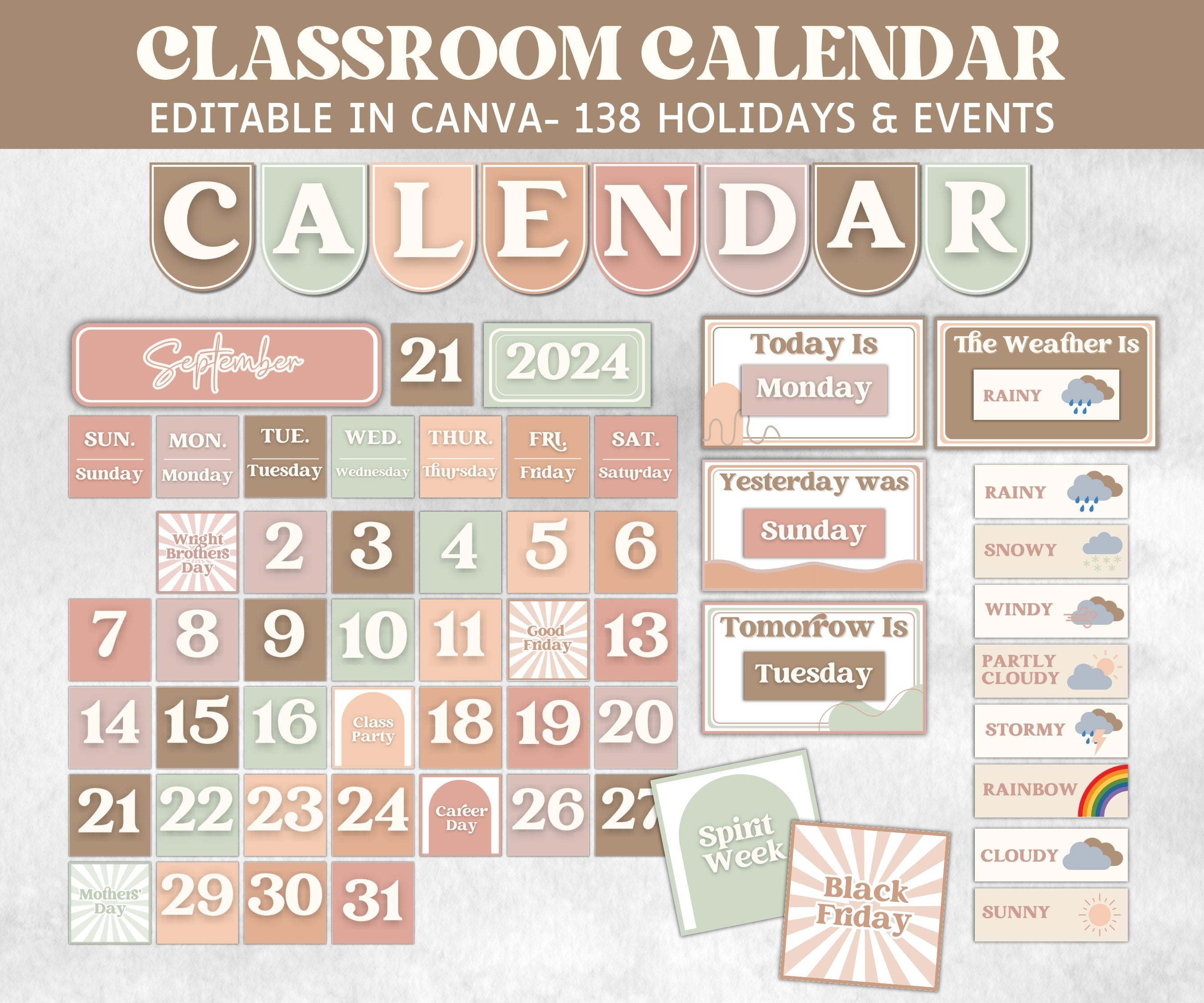 Homeschool Display, Calendar, Birthday Display, Alphabet Posters, Schedule, Classroom Jobs, Boho Decor Themes, Classroom Decor, Boho Rainbow-Neutral Boho Decor -TheHustlingCatLady-Templates