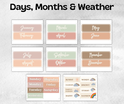 Editable Calendar Display, Classroom Calendar, Back To School, School Calendar, Classroom Theme, Teacher Supplies, Boho Classroom Decor,-Neutral Boho Decor -TheHustlingCatLady-Templates