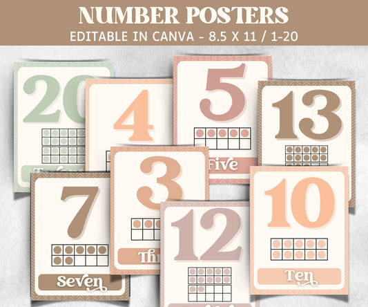 Number Posters Print, Educational Number Posters, Educational Print, Educational Wall Art, Learning Poster, Homeschool Decor, Math Posters-Neutral Boho Decor -TheHustlingCatLady-Templates