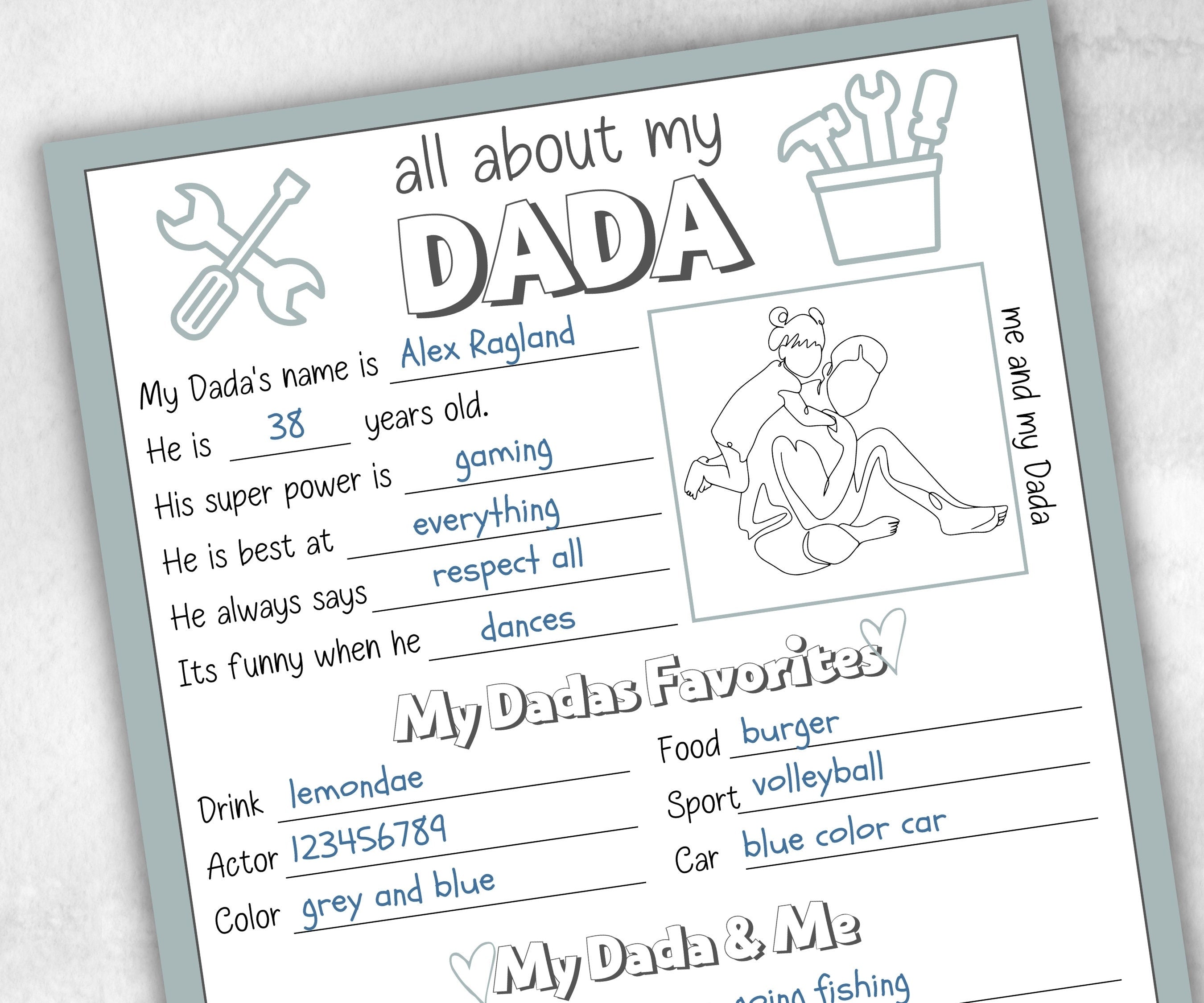 All about my Dada fill in the blank I Father's Day Gift I Gift for Dada I About Dada Page I Daddy interview I Questionnaire 001