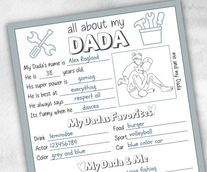 All about my Dada fill in the blank I Father's Day Gift I Gift for Dada I About Dada Page I Daddy interview I Questionnaire 001