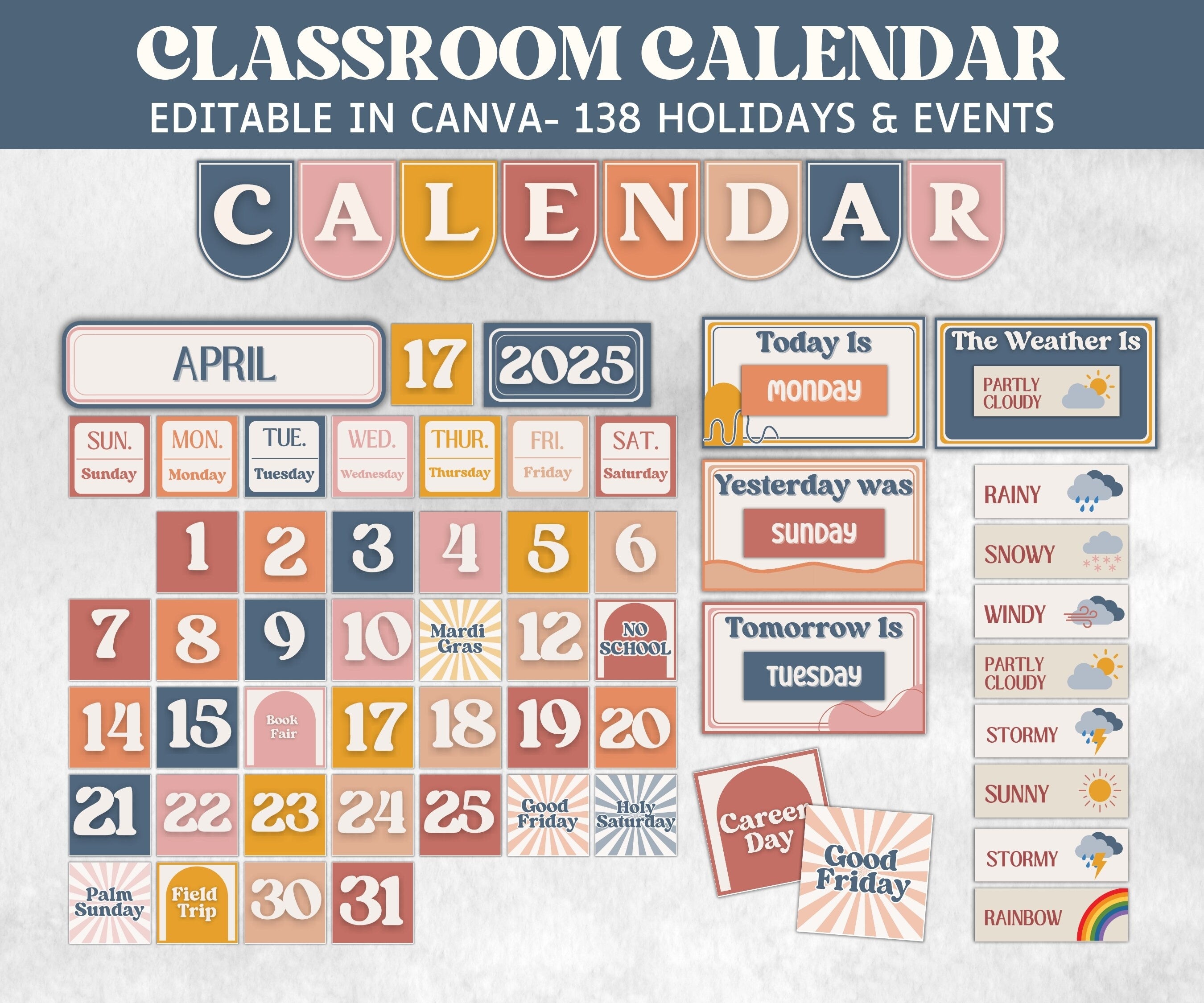 Classroom Display, Calendar, Birthday Display, Alphabet Posters, Schedule, Classroom Jobs, Boho Decor Themes, Homeschool Decor, Boho Rainbow