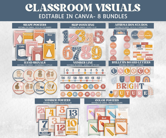 Classroom Visuals, Shape Posters, Skip Counting, Affirmation Station, Hand signals, Number Line, Bulletin Board Letters, Numbers and Shapes