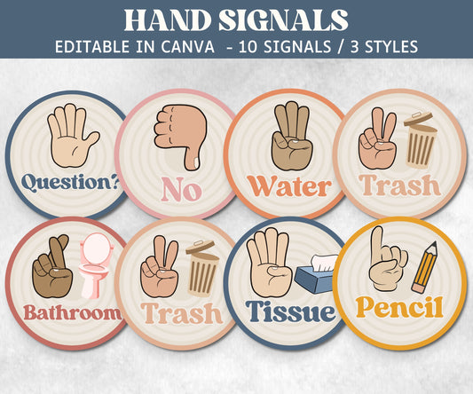 Hand Signals Display, Classroom Decor Posters, Hand Signals Posters, Class Hand Signals, Boho Classroom, Retro Classroom, Bulletin Board