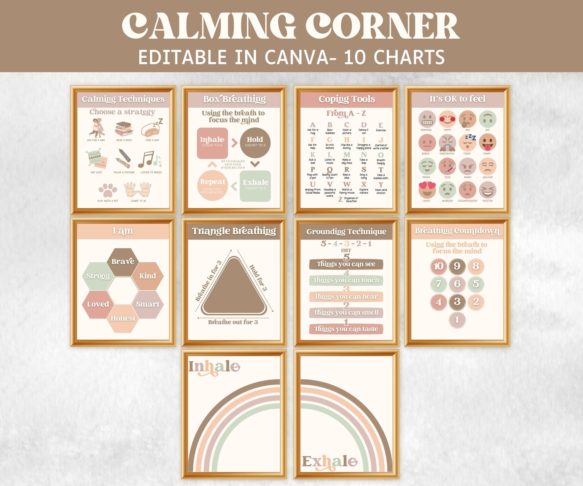 Calming Corner Signs, Feelings Chart, Calm Corner classroom Poster, School Counselor, Calm Corner Print, Counselor Office, Social Worker-Neutral Boho Decor -TheHustlingCatLady-Templates