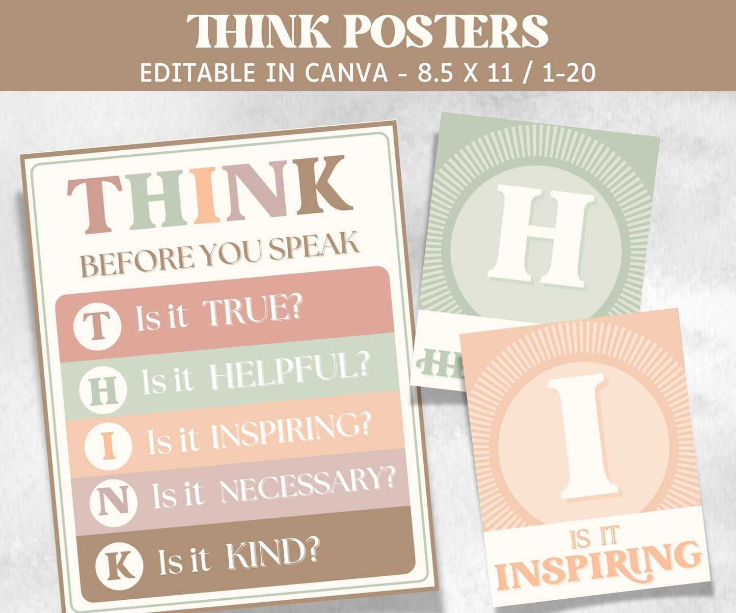 Think Before You, Classroom Think Posters, Therapy Office Decor, School Counselor, Teacher Printable, Classroom Sign, Classroom Rules Decor-Neutral Boho Decor -TheHustlingCatLady-Templates