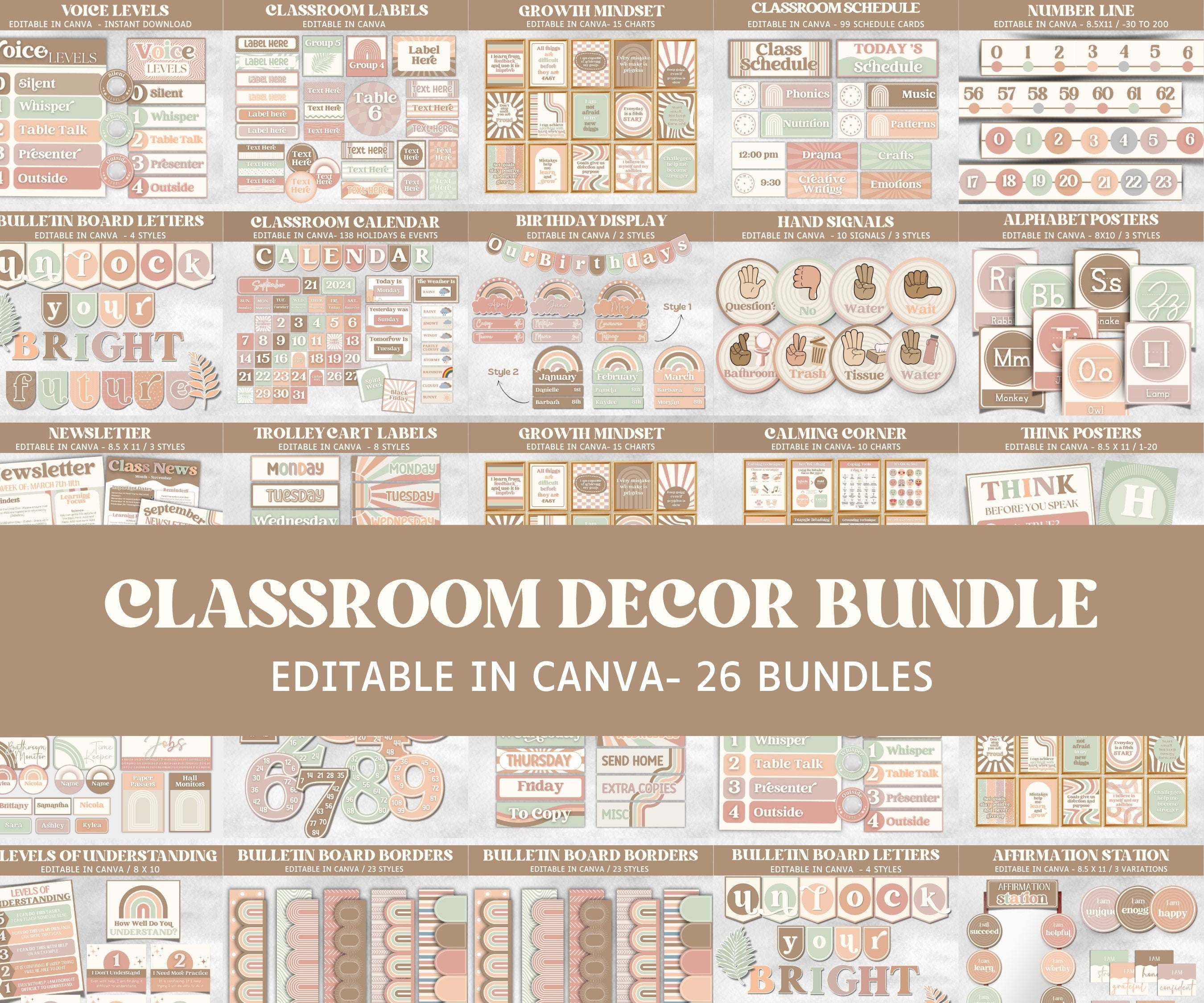 Neutral Classroom Decor, Boho Theme, Bulletin Board, Homeschool Decor, Boho Rainbow Neutral Decor, Education Decor, Montessori Classroom-Neutral Boho Decor -TheHustlingCatLady-Templates