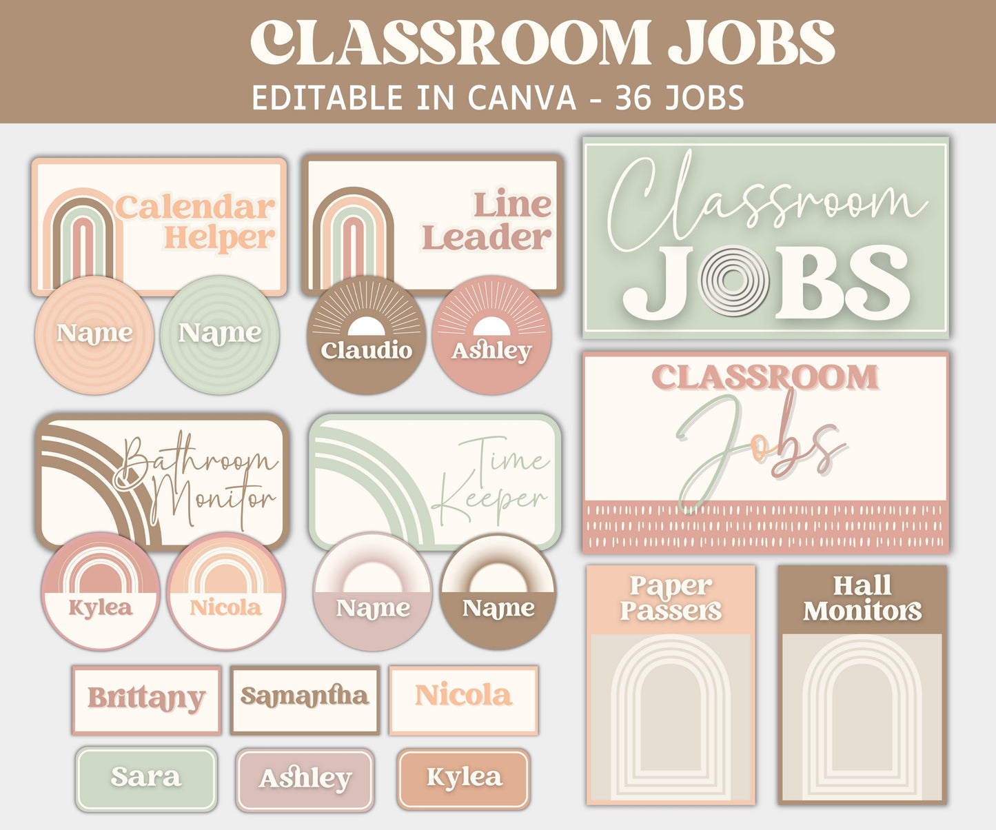 Homeschool Display, Calendar, Birthday Display, Alphabet Posters, Schedule, Classroom Jobs, Boho Decor Themes, Classroom Decor, Boho Rainbow-Neutral Boho Decor -TheHustlingCatLady-Templates