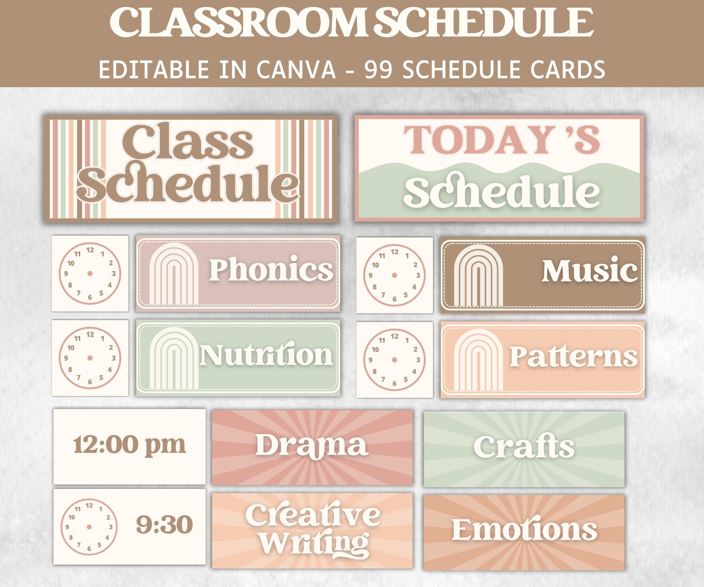 Visual Timetable, Classroom Schedule, Schedule Cards, Elementary Classroom Posters, Class Daily Visual Schedule, Printable Schedule template-Neutral Boho Decor -TheHustlingCatLady-Templates