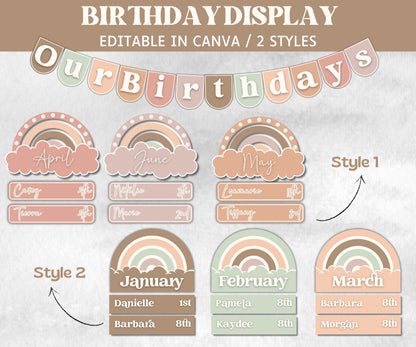 Neutral Classroom Decor, Classroom Birthday Display, Birthday Chart, Classroom Display, Preschool Birthday Board, Printable Student Birthday-Neutral Boho Decor -TheHustlingCatLady-Templates