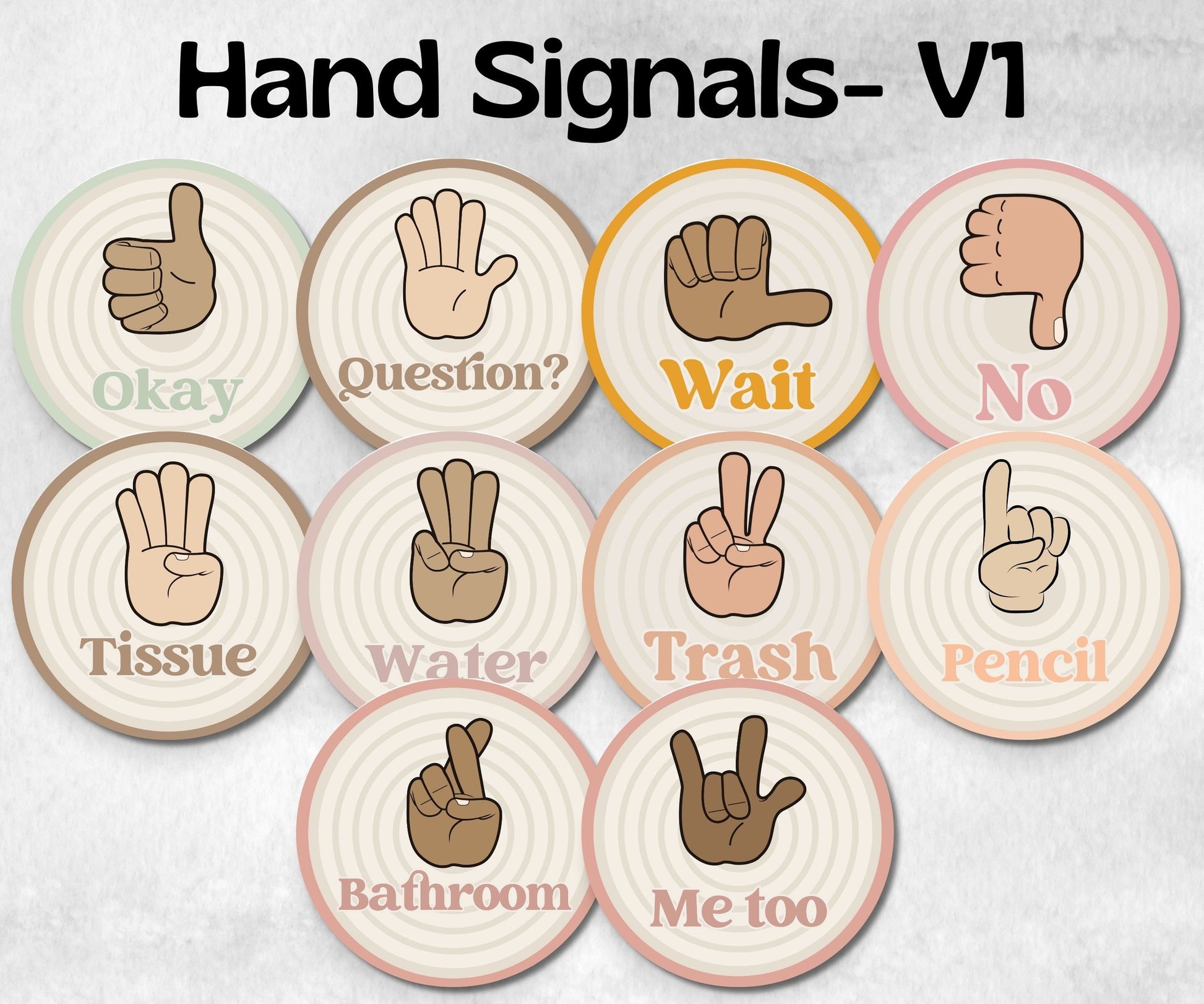 Hand Signals Posters, Hand Signals Display, Classroom Decor Posters, Class Hand Signals, Boho Classroom, Retro Classroom, Bulletin Board-Neutral Boho Decor -TheHustlingCatLady-Templates