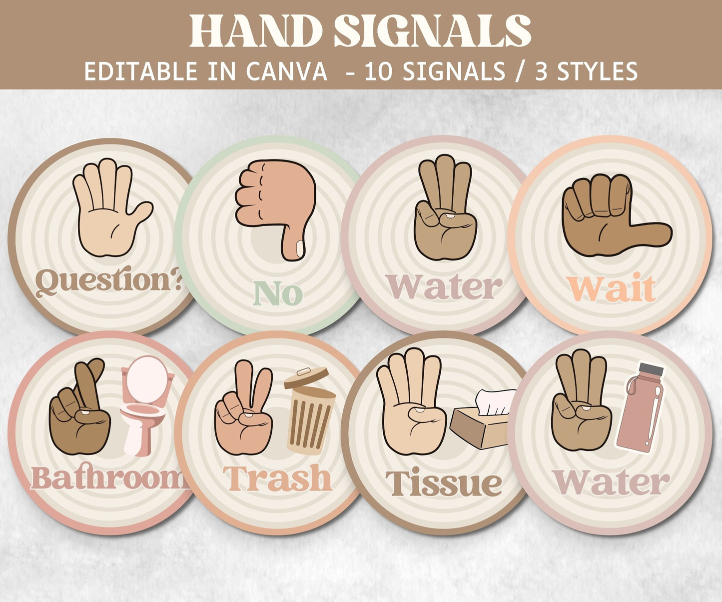 Hand Signals Posters, Hand Signals Display, Classroom Decor Posters, Class Hand Signals, Boho Classroom, Retro Classroom, Bulletin Board-Neutral Boho Decor -TheHustlingCatLady-Templates