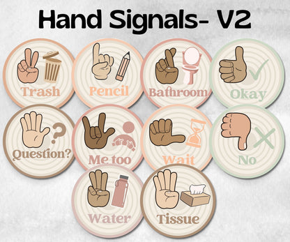 Hand Signals Posters, Hand Signals Display, Classroom Decor Posters, Class Hand Signals, Boho Classroom, Retro Classroom, Bulletin Board-Neutral Boho Decor -TheHustlingCatLady-Templates