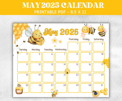 Kids May 2025 Calendar, Printable 2025 Calendar, Homeschool Preschool Calendar Board, Childrens Monthly Planner, Honey Bee Floral Calendar-Back To School -TheHustlingCatLady-Planner Templates