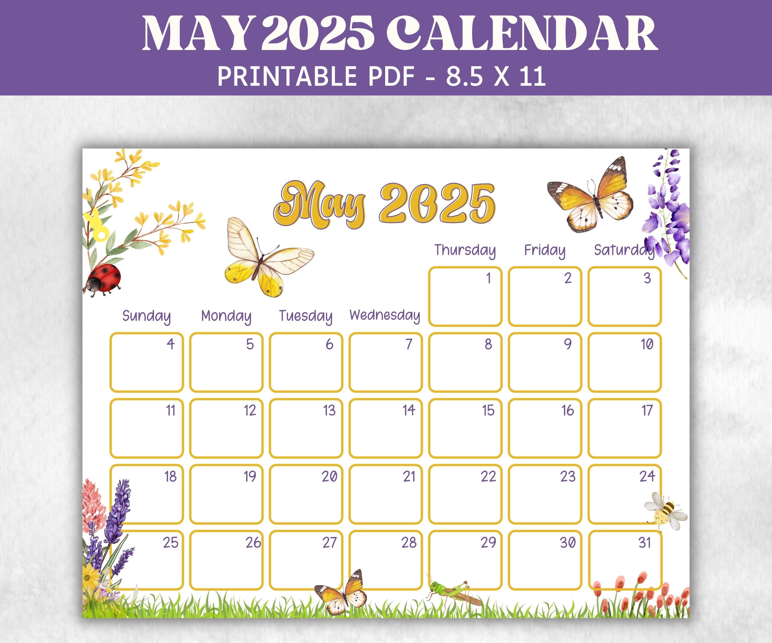 Kids May 2025 Calendar, Printable 2025 Calendar, Homeschool Preschool Calendar Board, Childrens Monthly Planner, Summer Butterfly Calendar-New Listings -TheHustlingCatLady-Planner Templates