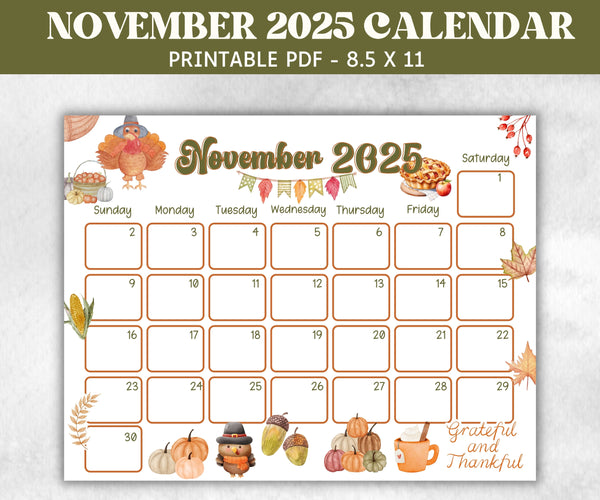 Kids November 2025 Calendar, Printable 2025 Calendar, Homeschool Preschool Calendar Board, Children's Monthly Planner, Thanksgiving Calendar – The Hustling Cat Lady november-2025-calendar-20-cute-free-printables-saturdaygift