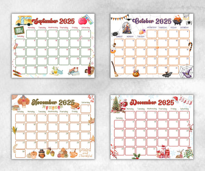 Kids Annual Monthly 2025 Calendar, Printable 2025 Calendar, Homeschool Preschool Calendar Board, Children Monthly Planner, Seasonal Calendar-Back To School -TheHustlingCatLady-Planner Templates